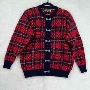 VTG Edinburgh Tartan Shop Cardigan Sweater Women L Blue Red Yellow Hook Eye